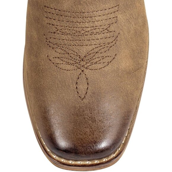 Women's Brown Square Toe Mid Calf Pull On Fashion Embroidered Western Boots - Picture 4 of 9